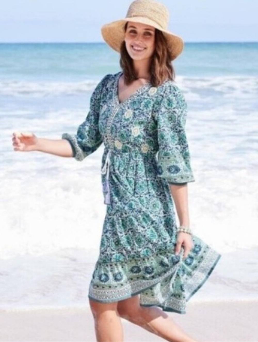 Soft Surroundings Teal/White Breezy Cotton Boho Dress, Medium. Tiers, Tie Waist.